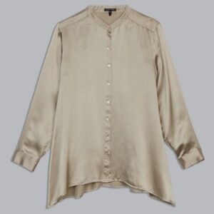 Eileen Fisher Medium Silk Satin Hammered Button Up Champagne Gold Tunic